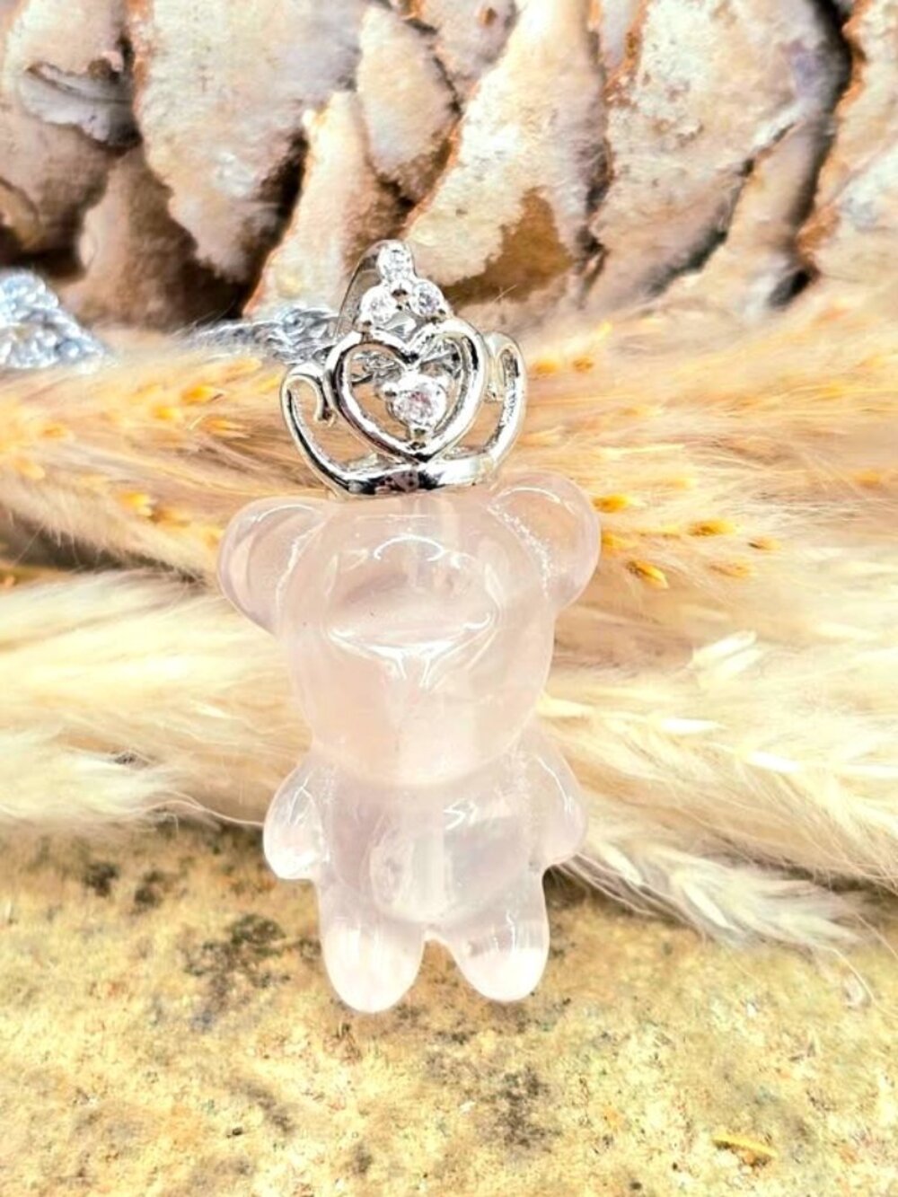 Natural Rose Quartz Bear With Crown Pendant Necklace